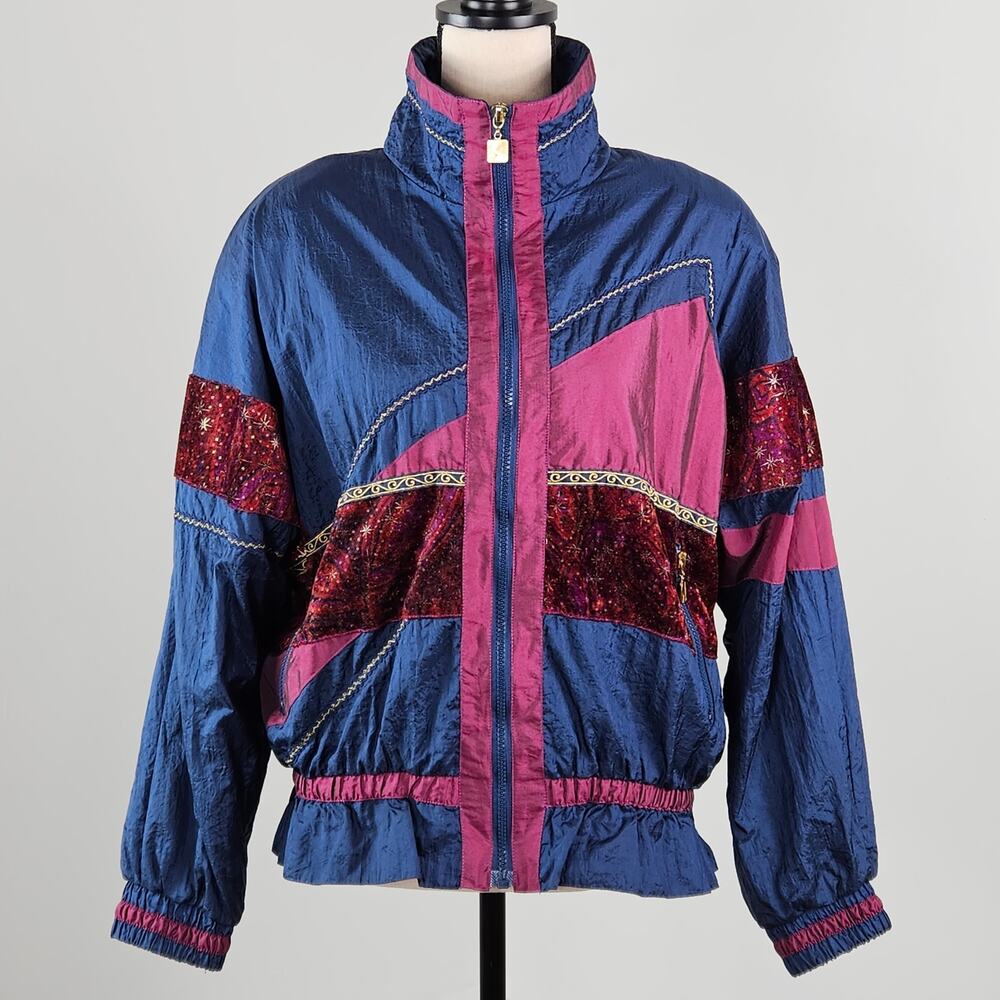 Active Stuff Vintage Blue‎ Maroon Windbreaker Bomber Jacket | M | MINOR FLAWS
